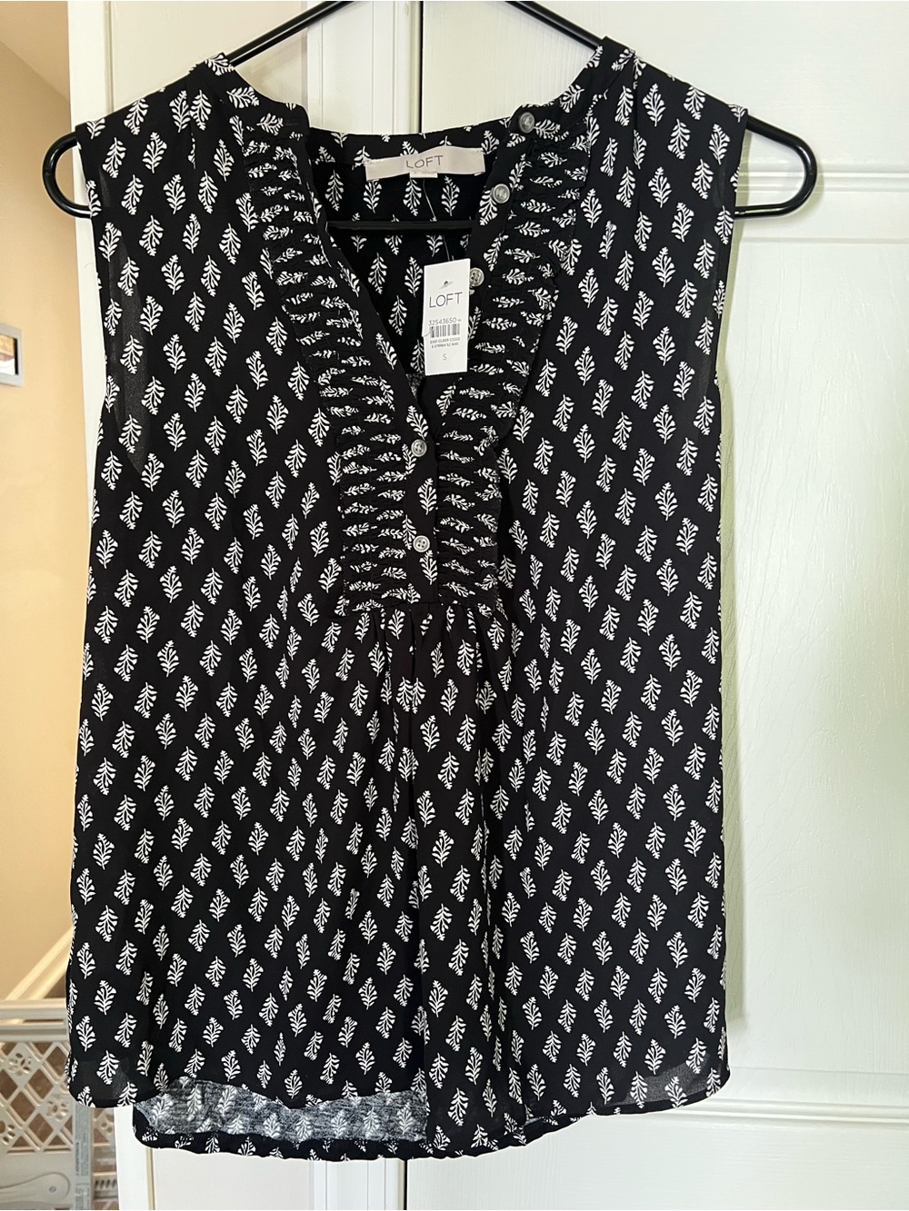 LOFT Black Blouse with White Leaf Print and Ruffle Trim NWT Women Size Small